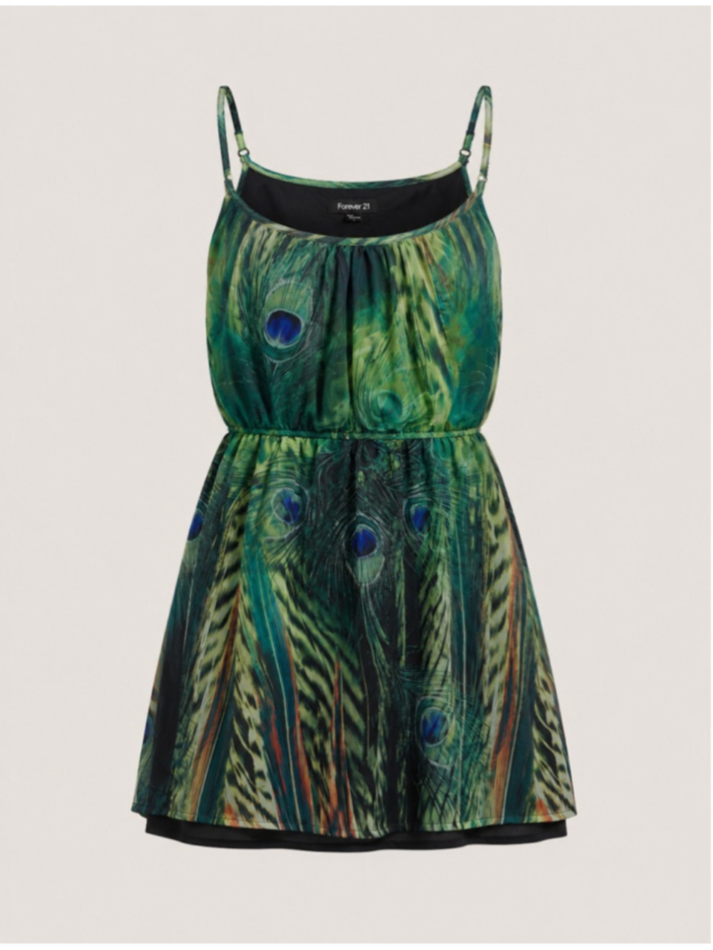 Women's Forever 21 Mini Dress L Green Blue Peacock Feather Print
234